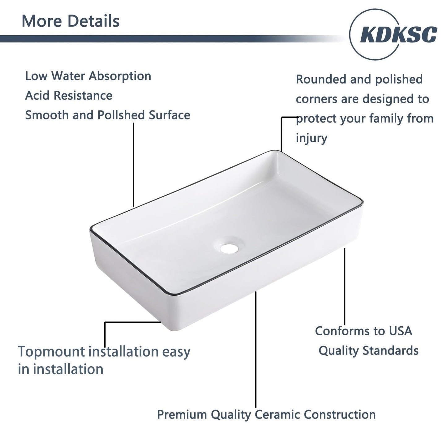 KDKSC Vessel Sink 24"x14" Rectangular Bathroom Sink White with Black Trim Porcelain Ceramic Modern Above Counter Vanity Sinks