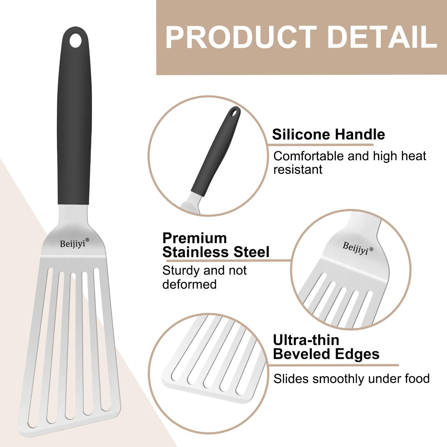 Beijiyi Stainless Steel Fish Spatula Set, 13.3"&11.3" Slotted Turner with Ultra Thin Beveled Edge, Heat Resistant Silicone Handle, Dishwasher Safe Metal Cooking Utensils for Fish, Egg, Burgers