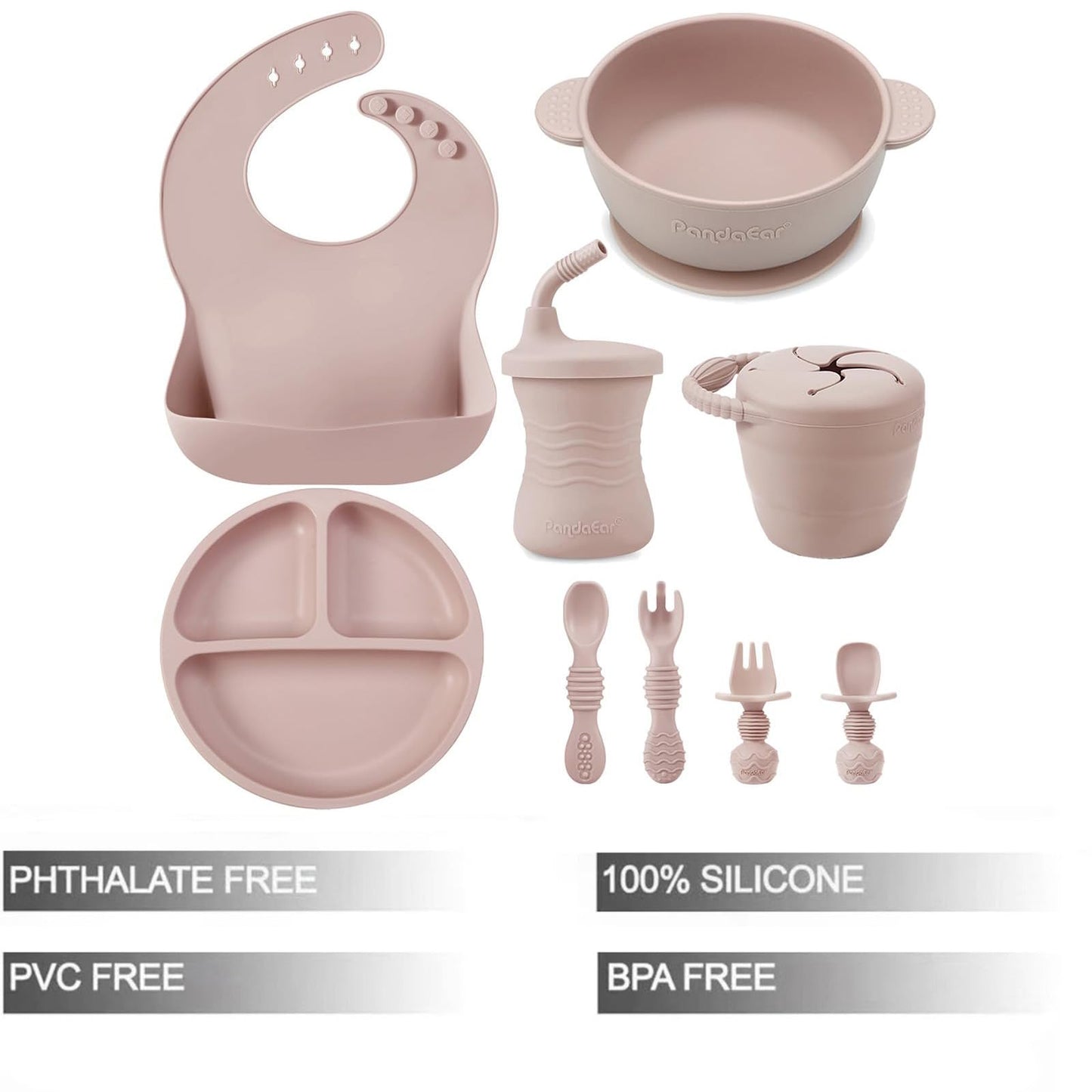 PandaEar Silicone Baby Feeding Set | 9PCS Baby Led Weaning Supplies Self Feeding Utensils | Divided Suction Plate Bowl Bibs Sippy Cup with Baby Snack Container Spoons Forks (Pink)
