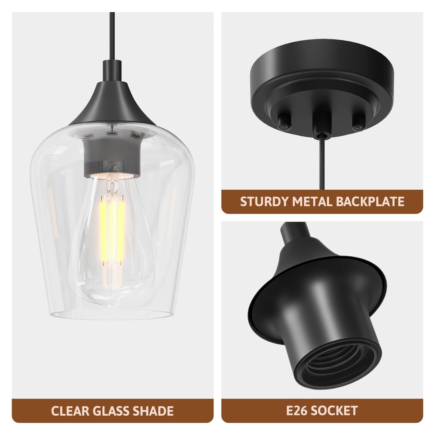 VONLUCE Pendant Lights Kitchen Island, Matte Black Pendant Light Fixtures with E26 Base & Adjustable Cable, Modern Pendant Lighting with Glass Shade for Living Room Bedroom Hallway, 3 Packs