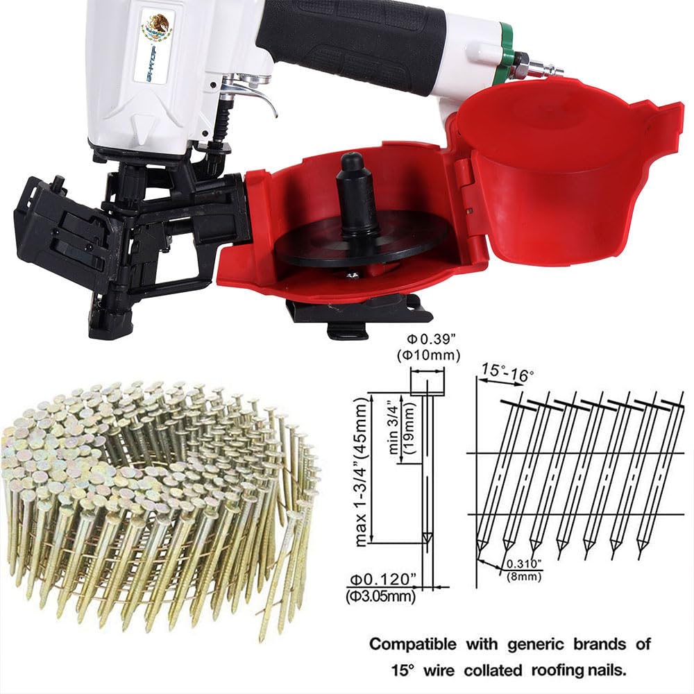 BHTOP Mexican CN45N Roofing Nailer, 15 Degree Roofing Nail Gun, 3/4-Inch to 1-3/4-Inch Coil Nails, 120-pcs Load Capacity Coil Naile (Green/Red）