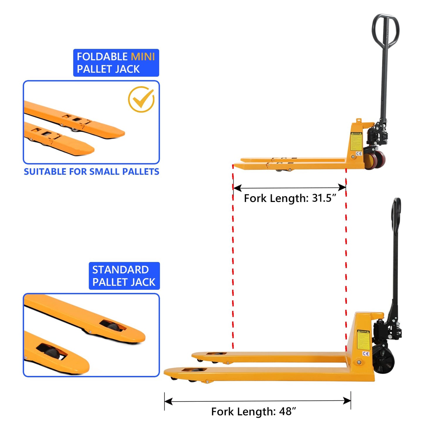 Apollo Foldable Pallet Truck, Narrow Pallet Jack, Mini Size Foldable Forks and Handle 2200Lbs Capacity 31.5"x15" Forks, 15" Overall Width