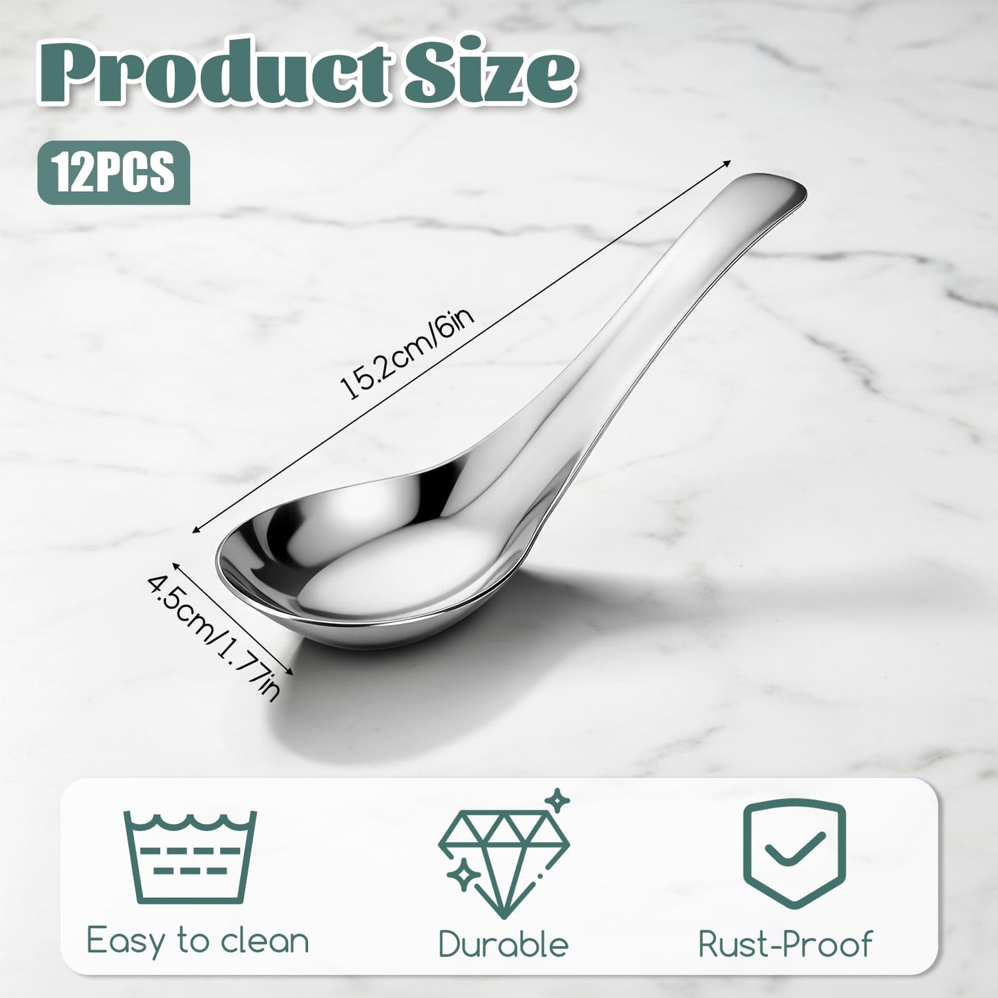 12 Pcs Soup Spoons, Stainless Steel Dinner Spoons, Stainless Steel Chinese Soup Spoon, Mirror Polished Asian Spoon for Bouillon Dessert Cereal Ramen Thai Miso, 1.8 x 6 Inch, Silver