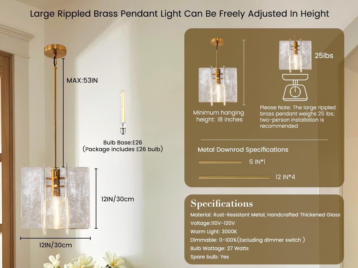 SYBDZSWJ Modern Large 12 in Brass Water Ripple Glass Kitchen Island Pendant Light Fixtures, Glass Island Pendant Lights, for Bedroom, Foyer, Entryway, and Dining Room, Bulbs Included