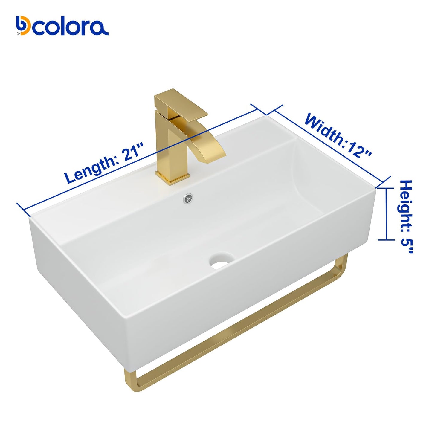 Dcolora 21 In. White Wall Mounted Bathroom Sink, Rectangular Ceramic Floating Wall Hung Sink with Gold Faucet & Towel Rack, Space-Saving Basin for Small Bathrooms #DC-SFDOE00088