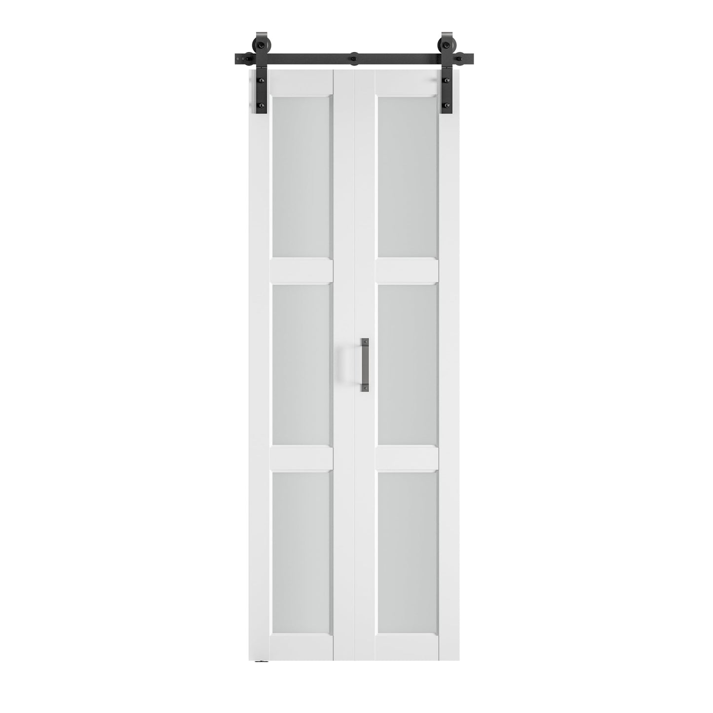 SMARTSTANDARD 30in x 84in Bifold Barn Door, Frosted Glass Barn Door with Hardware Kit Included, Pre-Drilled Holes Easy Assembly -Solid Barn Doors Slab Covered with Water-Proof PVC Surface, White