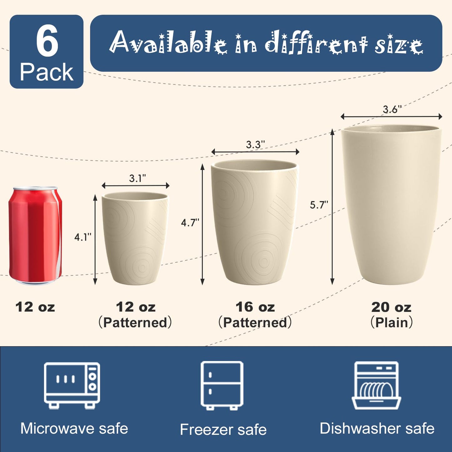 Perlapoc Wheat Straw Unbreakable Cups, Large Cups 20 OZ Set of 6, Alternative to Plastic Cups Reusable, Dishwasher Safe Tumblers & Water Glasses for Kitchen, Parties, Camping, RV, Beige