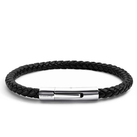 Elegatto Elagio Premium Braided Leather Bracelet for Men | Full-Grain Braided Leather with Sterling Silver Polished Stainless Steel Clasp | Men’s Designer Bracelets | Extra Small