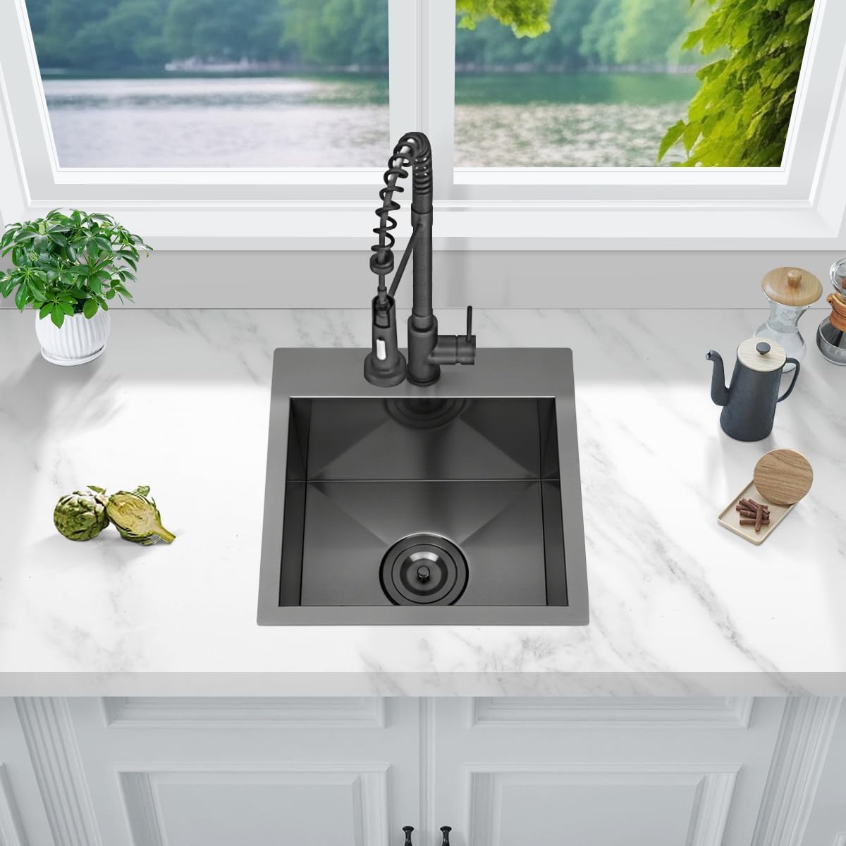 FRANIC 15" Handmade Black Bar Workstation Sink, 15" x 15" x 9" Stainless Steel Matte Nano Black Topmount Single Bowl Small Kitchen Outdoor Sink