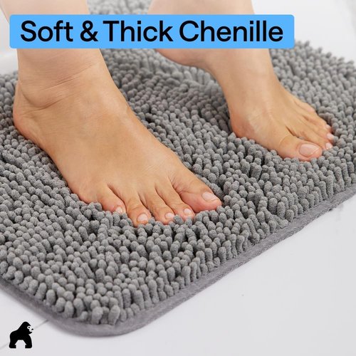 GORILLA GRIP Bath Rug Mat - Thick Soft Absorbent Chenille | Quick-Dry Microfiber, 60x24, Grey