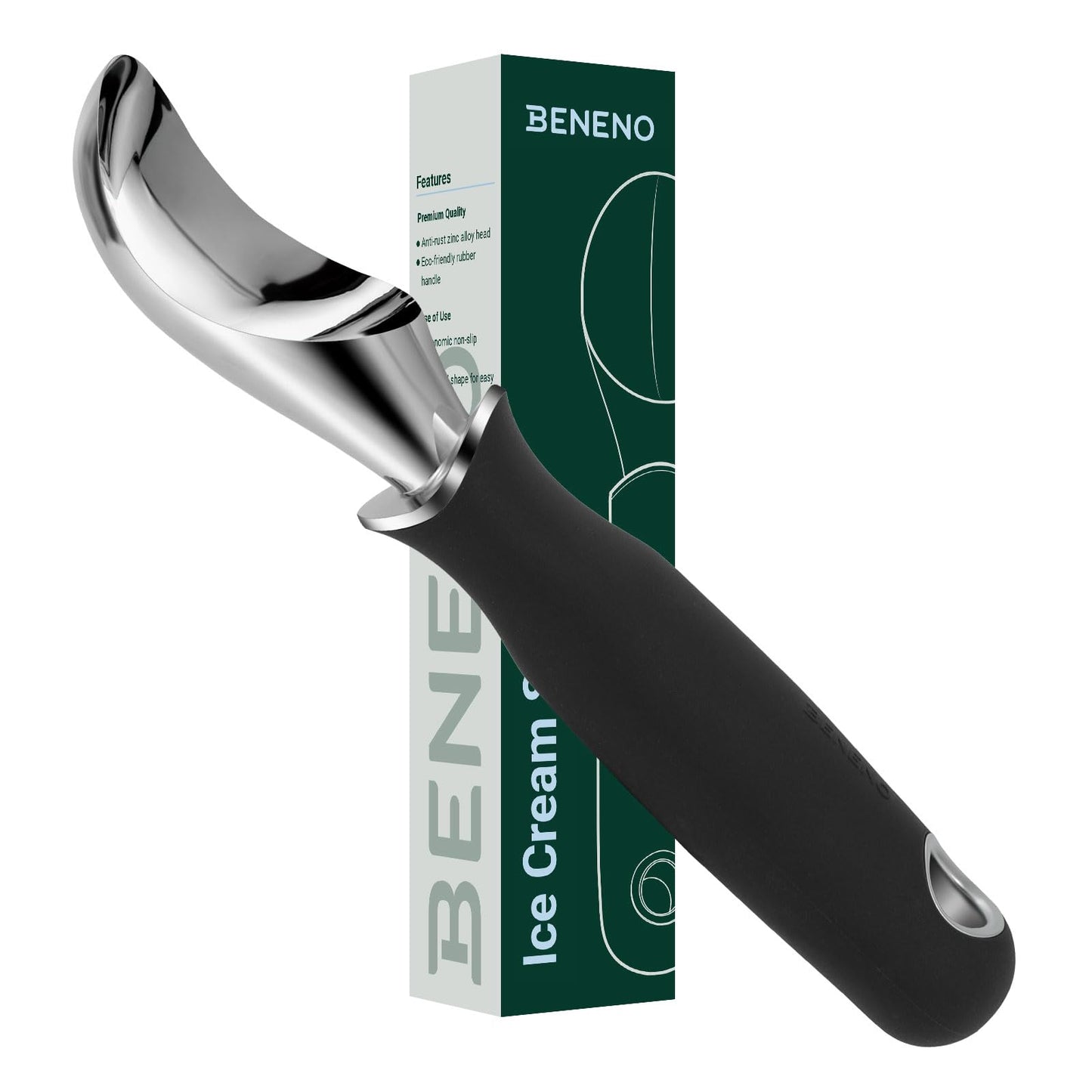 Beneno Heavy Duty Ice Cream Scoop - Upgraded Anti-Fracture Design, Comfortable Grip Long Handle, Effortless Scooping & Dishwasher Safe, Black