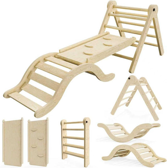 bbgroundgrm Pikler Triangle Set Climber 5 in 1, Toddler Climbing Toys Indoor Folding with Ramp & Arch for Montessori Play Gym for Toddlers and Kids (Natural)(99" Wx21 Dx23 H)