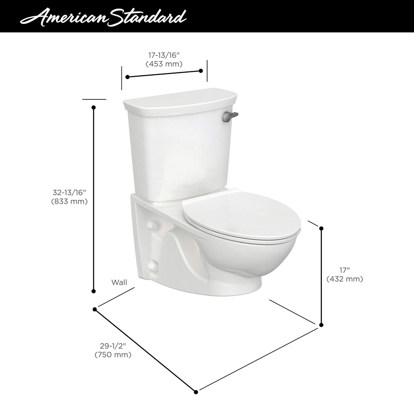 American Standard 2882107.020 Glenwall VorMax Wall-Hung Elongated Toilet with Left Hand Trip Lever, 1.28 gpf, White