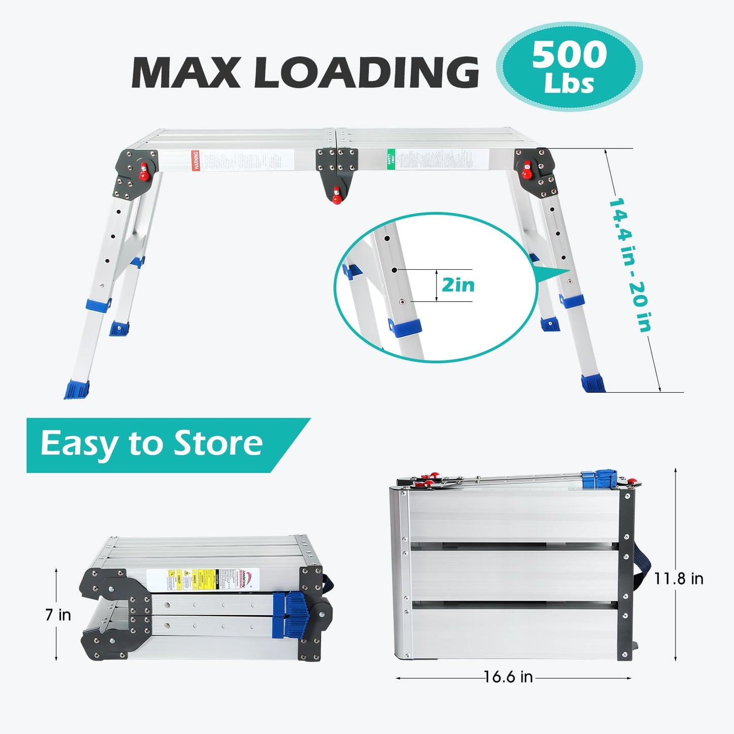 LEADALLWAY Portable Work Platform Height Adjustment and Lightweight 4 Step Closet Step Ladder