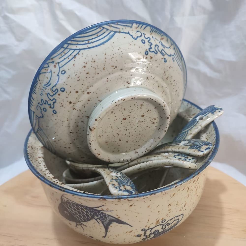LLPUSLUO 6.5 inch Retro Ceramic Ramen Bowl with Lid,Japanese Style Personalized Dinnerware For Noodle Rice Porridge Soup Fruit Sala (6.5inch, B)