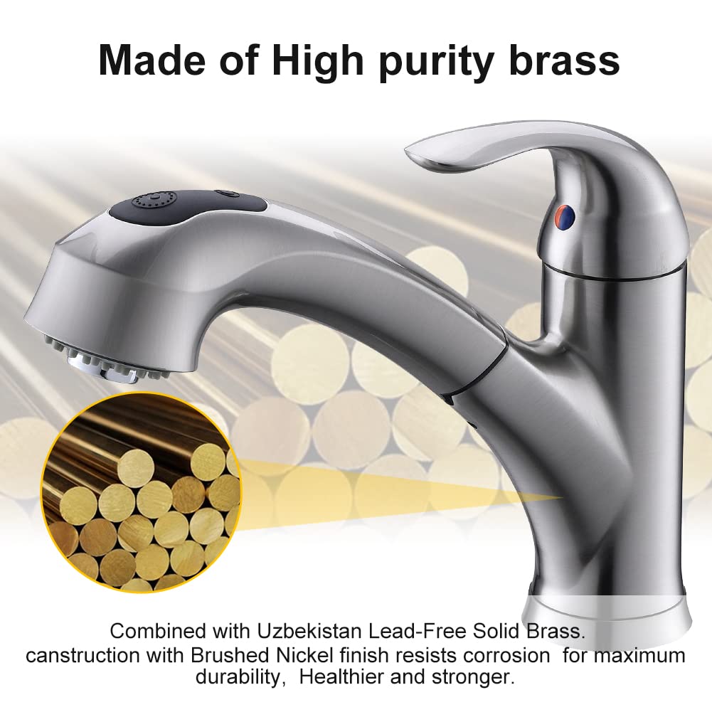 Kitchen Faucet with Sprayer, Brushed Nickel Kitchen Sink Faucet with Pull Out Sprayer, Single Handle 1 Hole Kitchen Faucets Solid Brass Commercial RV Kitchen Faucet 2 Modes & 150°Rotation & No Lead