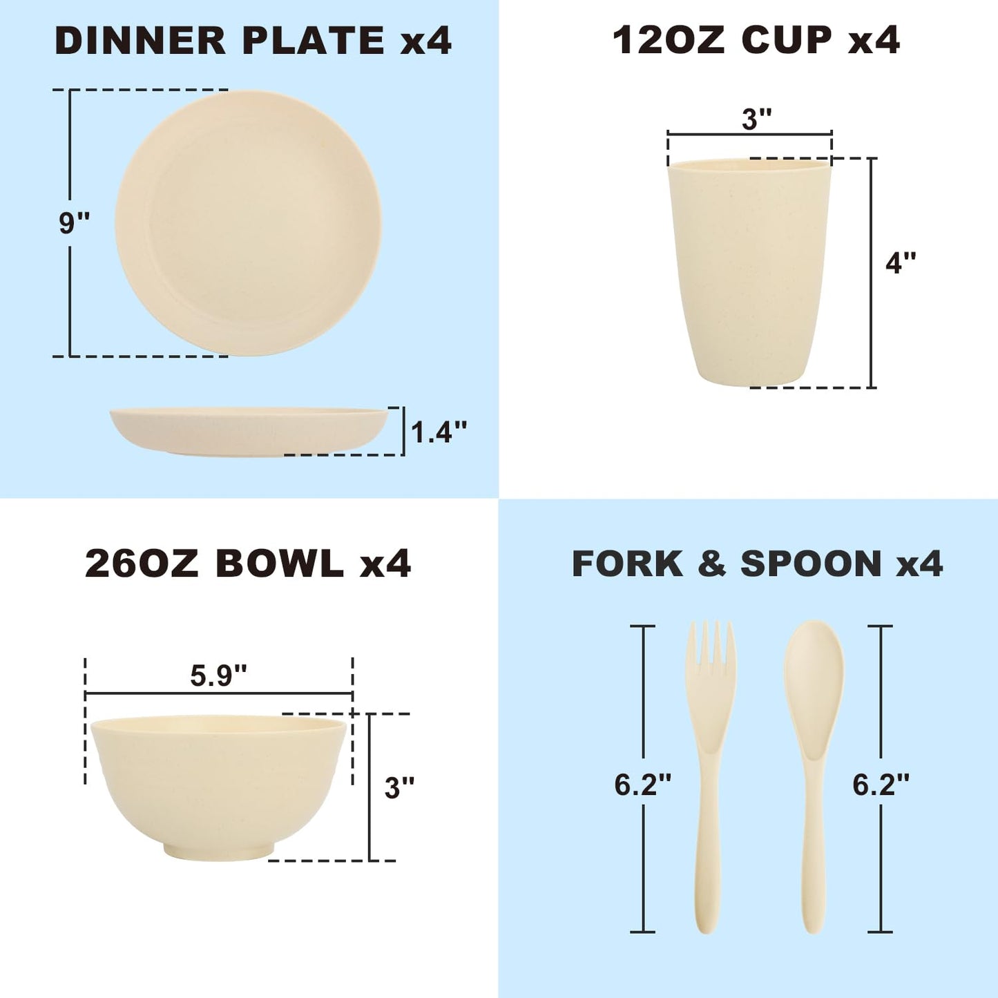 Perlapoc Kitchen Wheat Straw Dinnerware Sets for 4, Unbreakable Kids Dish Set 20 PCS - Dinner Plate/Cereal Bowl/Cup/Fork/Spoon, for Outdoor Camping, RV, Apartment Essentials - Beige