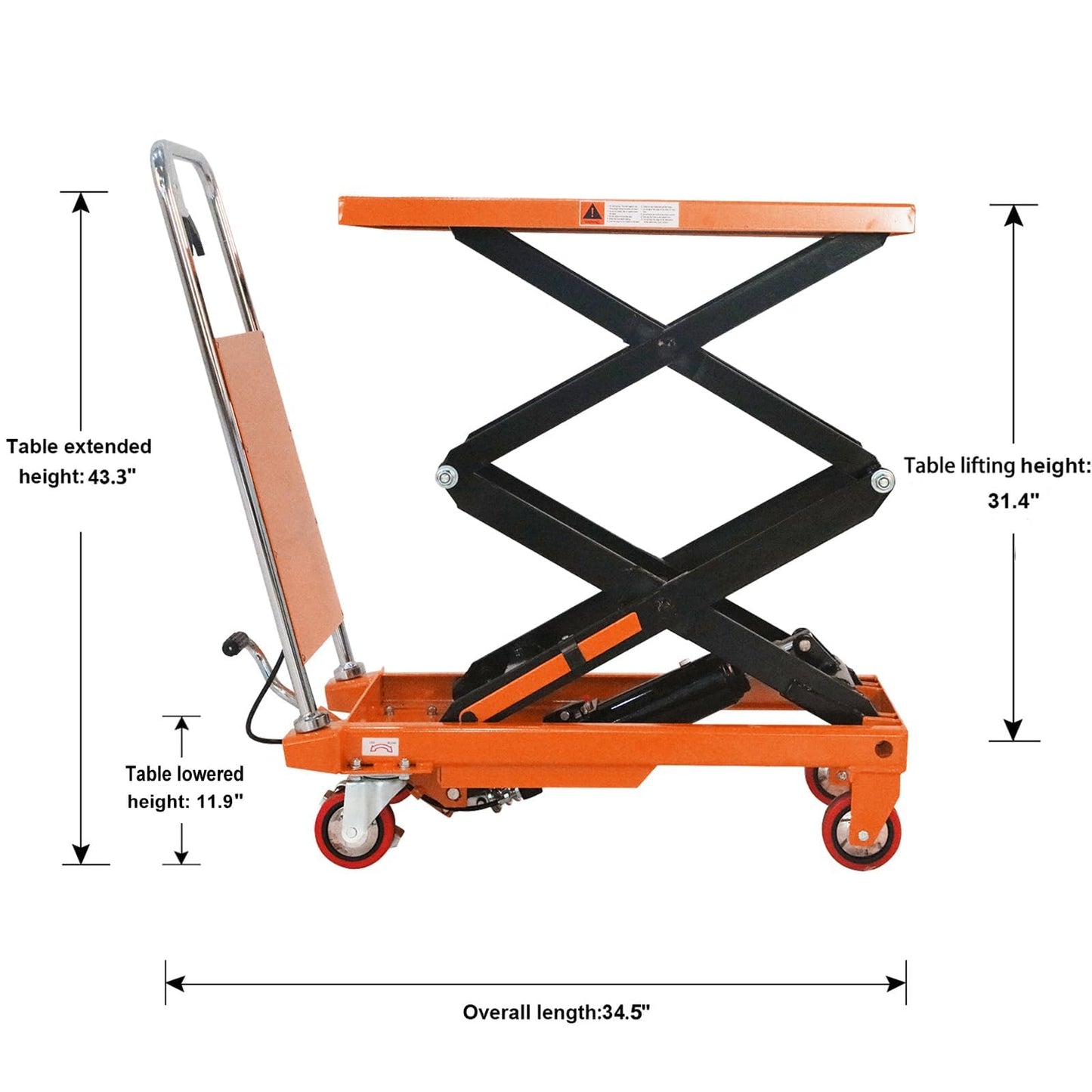 T Tory Carrier Hydraulic Manual Scissor Lift Table Cart, 330 lbs Capacity 43.3" Lifting Height, 4 Wheels Lift Table and Safety Back Guard for Material Handling