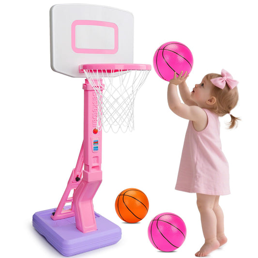 Qirptey Toddler Girl Basketball Hoop Indoor Pink Adjustable Mini Basketball Goal with Ball Pump for Outdoor Poolside Toys Backyard Game Outside Basketball Toy for Kids Age 3-5 6 7 4-8 Birthday Gift