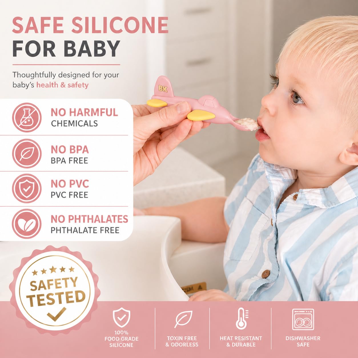 Babakal Baby Spoon & Plate Set - Airplane Self Feeding Spoon, Silicone BPA Free, Suction Divided Plate for Baby Led Weaning, 6-18 Months