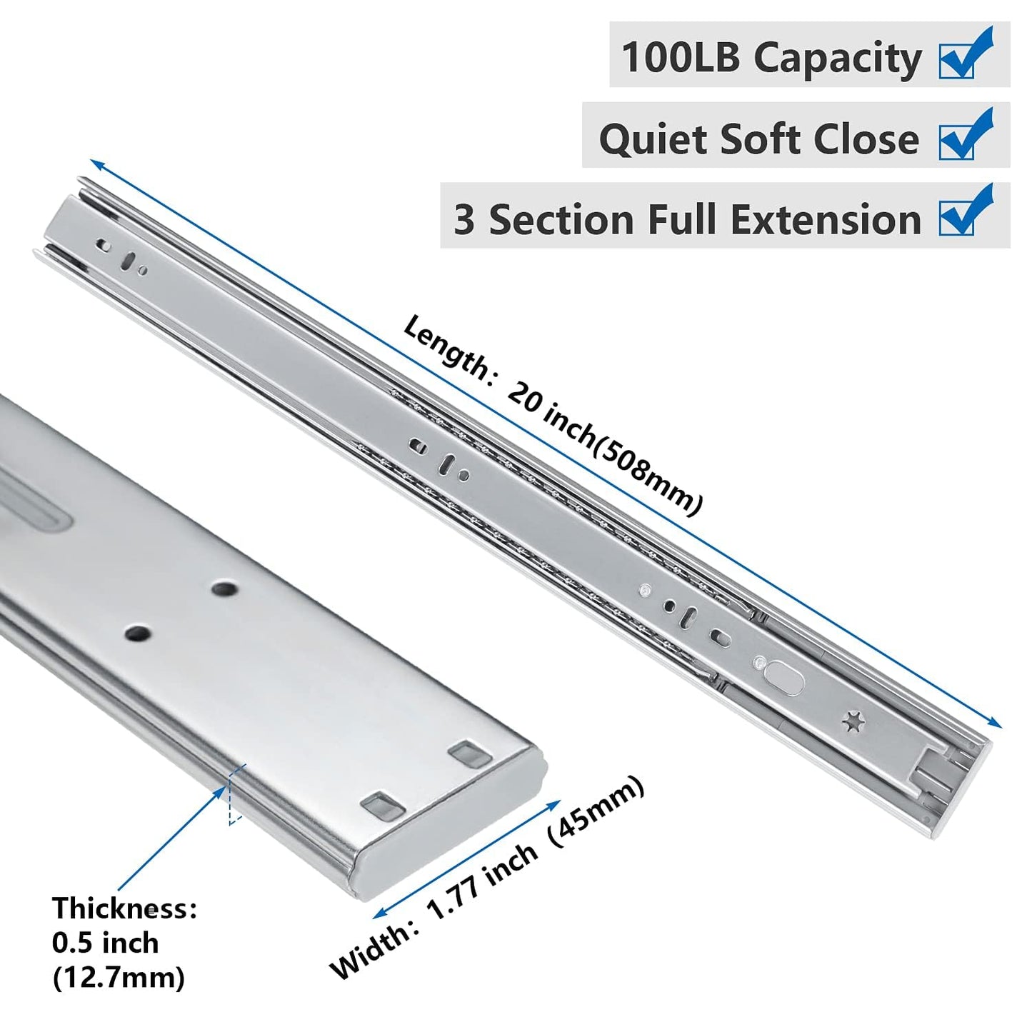 homdiy 5 Pair Soft Close Drawer Slides, 20 Inch 10 Pieces Heavy Duty Side Mount Ball Bearing, 3-Section Full Extension, 100LB Capacity (Silver) for Cabinets