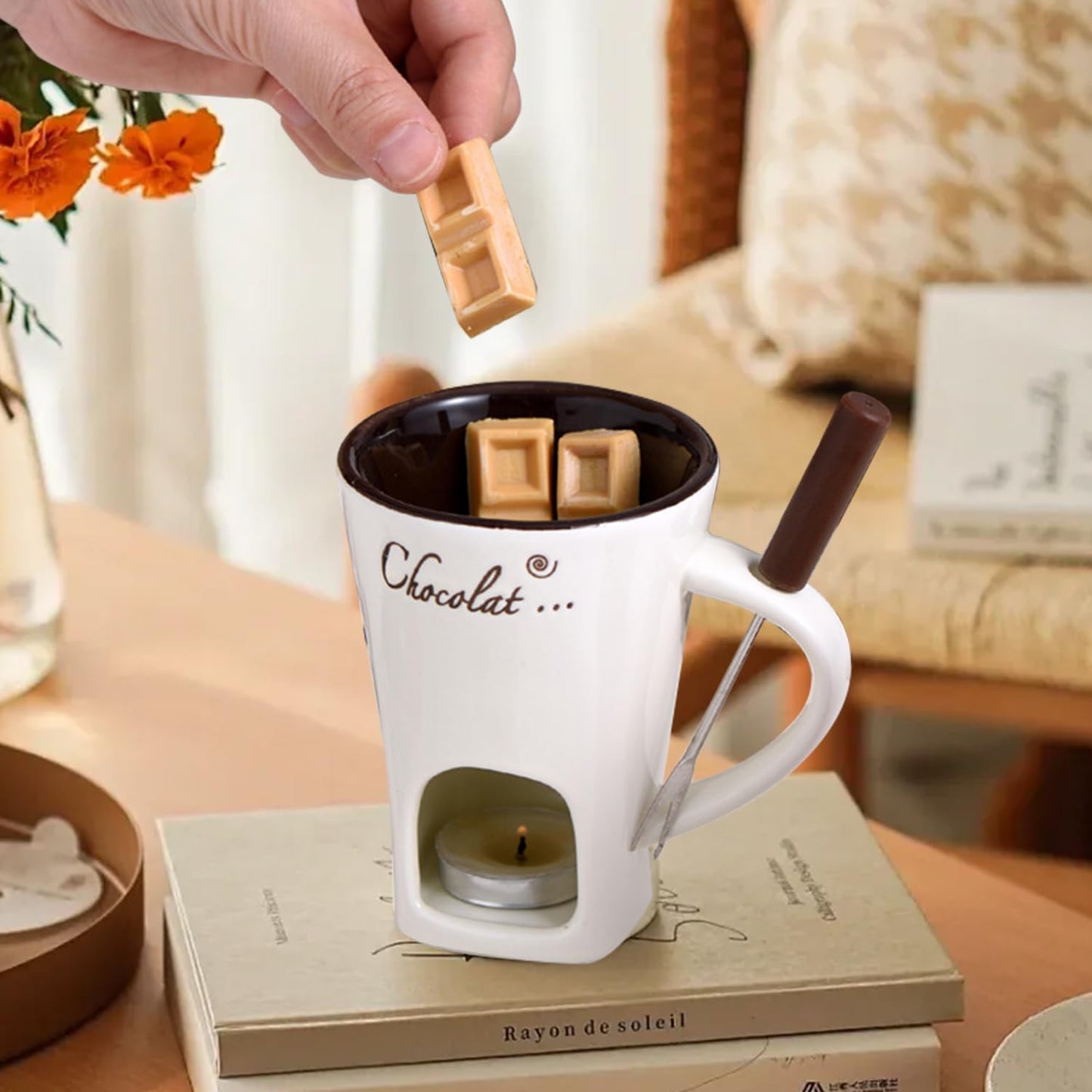 Sweet Fondue Cup for Date Night and More, Chocolate Melting Cup Set with Forks, Perfect as Fondue Mug or Chocolate Fondue Mug - Ideal Gifts for Birthday, Wedding, Mini Simmer Mug (Red)