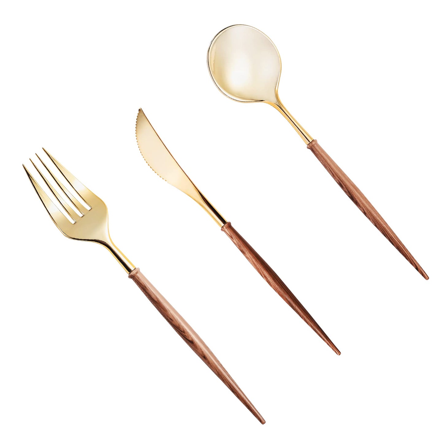 Lullaby 120PCS Gold Plastic Silverware, Gold Disposable Cutlery with Wood Grain Handle Include 40 Forks, 40 Spoons, 40 Knives, Elegant Disposable Silverware for Wedding, Party, Gathering, Daily Use