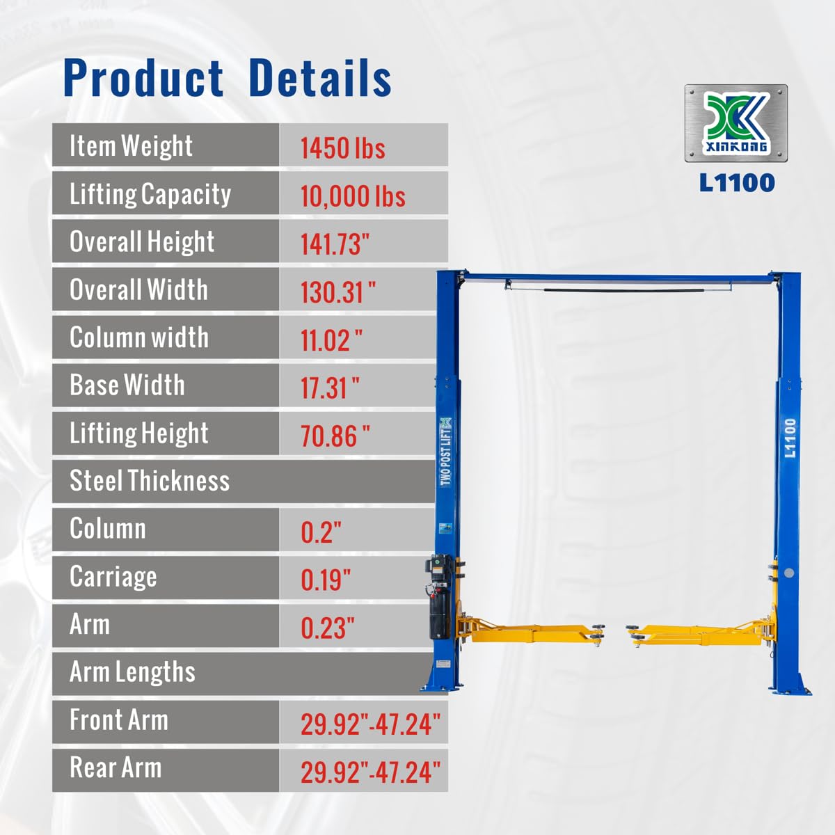 XK-L1100 Car Lift 110V Vehicle Lift 10,000 Lbs 2 Post Truck Hoist with 36 Months Parts Replacement