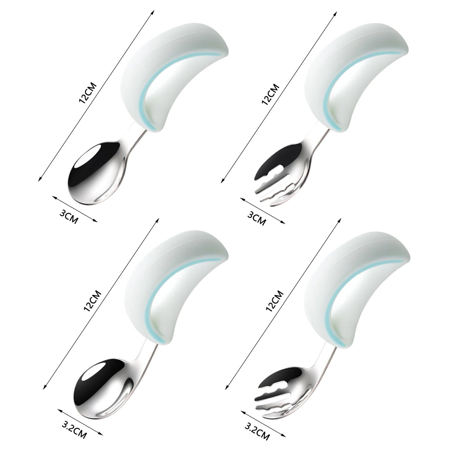 Baby Toddler Fork and Spoon Utensil Set, 4 Pack Silicone Stainless Steel Spoon Fork for Babies Toddler (Blue Set)