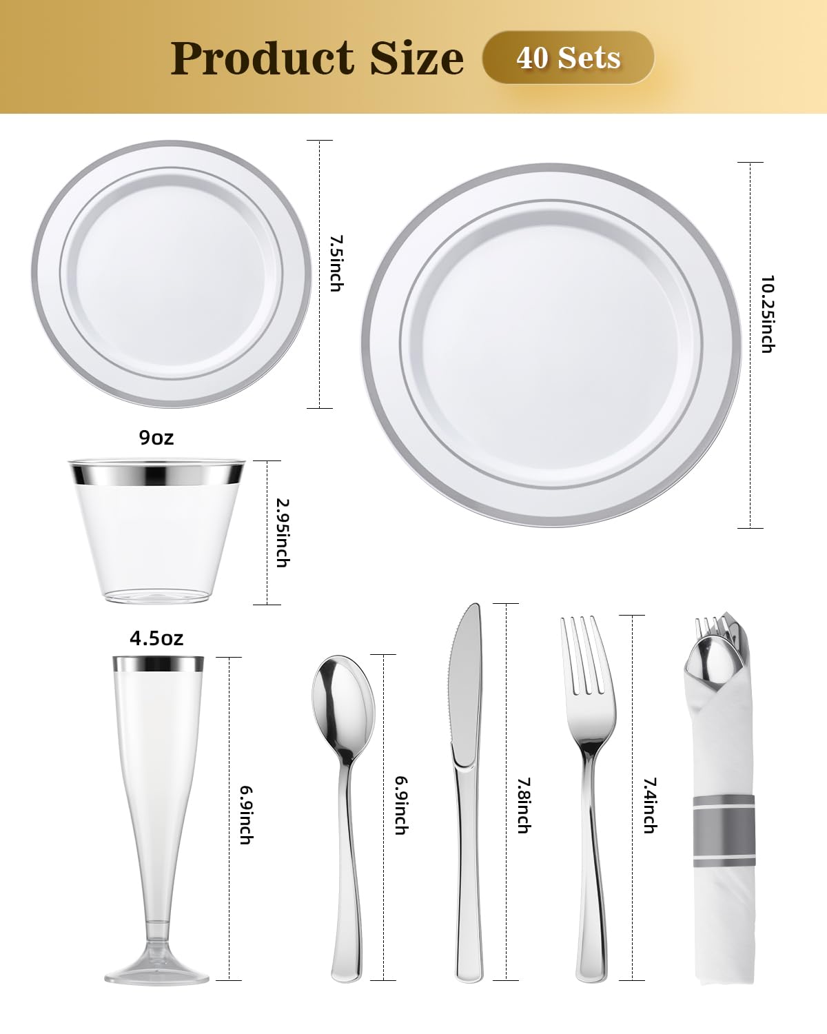 Goodluck 320 PCS Silver Disposable Plastic Dinnerware Set for 40 Guests, Include 40 Dinner Plates, 40 Dessert Plates, 40 Napkins with Silverware, 40 Cups, 40 Champagne Glasses, for Christmas, Wedding