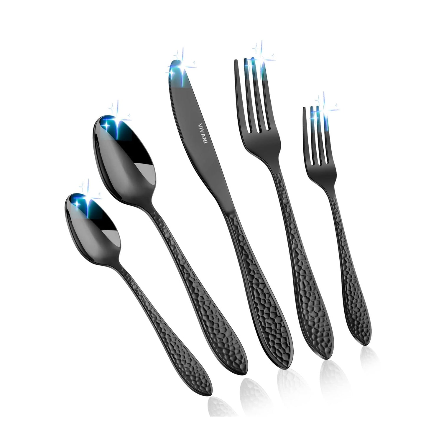VIVANI 40-Piece Black Silverware Set for 8, Hammered Flatware, 18/0 Stainless Steel Cutlery, Dishwasher Safe Utensil Set for Contemporary Kitchens, Restaurant Style & Everyday Dining