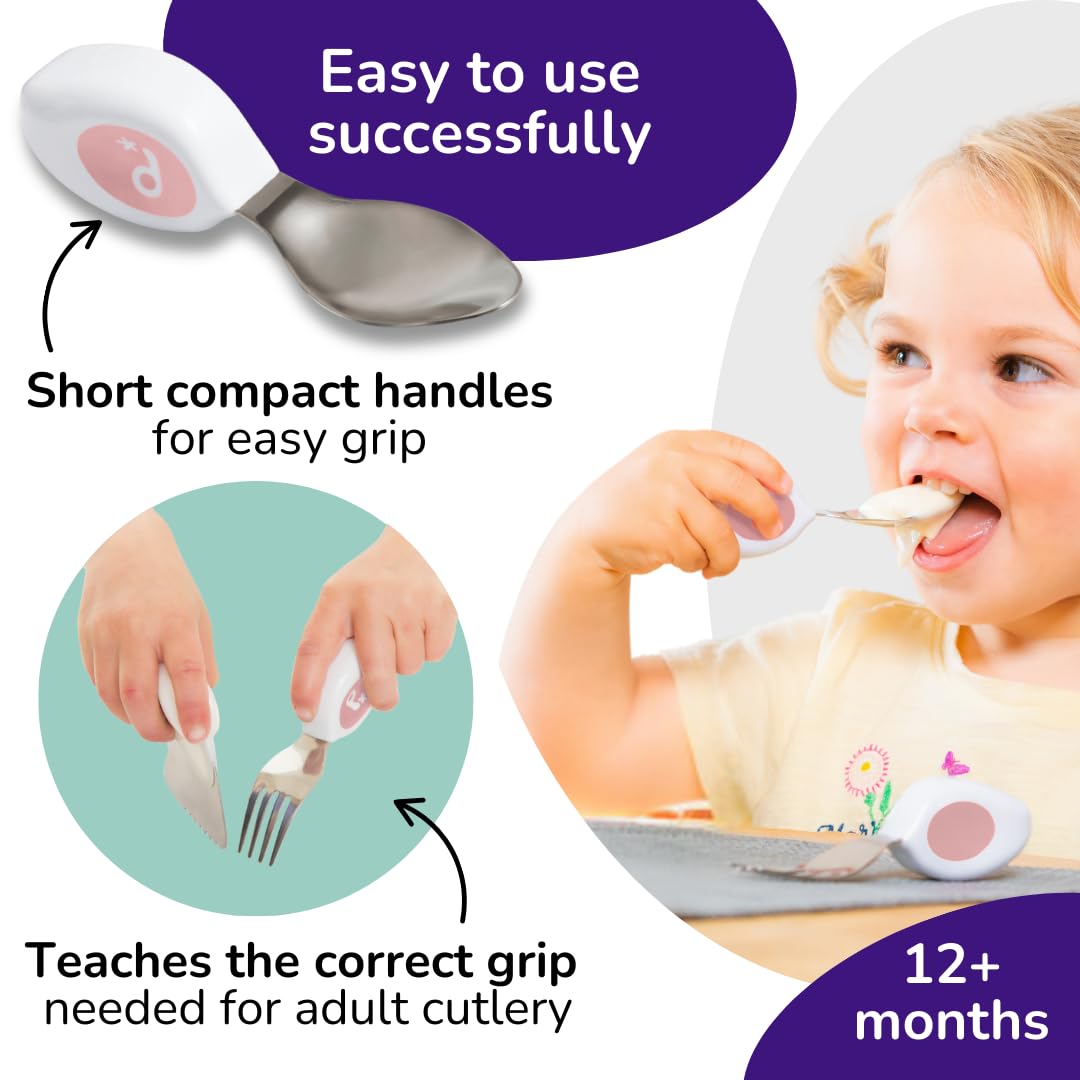 doddl Toddler Utensils, Ergonomic Fork Spoon and Knife Set for Self Feeding, Stainless Steel Silverware for 1-3 Year Olds, BPA Free, Dishwasher Safe (Dusky Rose)