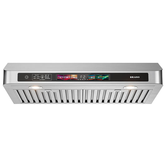 BRANO 30 Inch Under Cabinet Range Hood with Voice/Gesture/Touch Control, 900 CFM Kitchen Vent Hood with 4-Speed Exhaust Fan, Stainless Steel Stove Hood with LED Lights, Baffle Filters