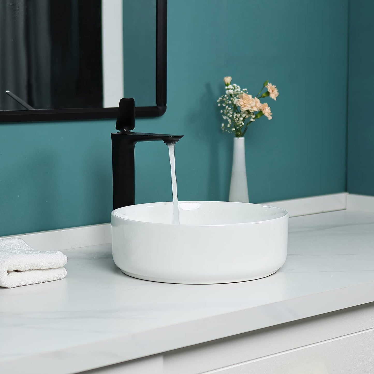 Davivy 14'' Round Vessel Sink with Pop Up Drain,Bathroom Vessel Sinks,Bathroom Sinks Above Counter,Ceramic Vessel Sink,Round Bathroom Sink,Counter top Sink,White Vessel Sink for bathrooms