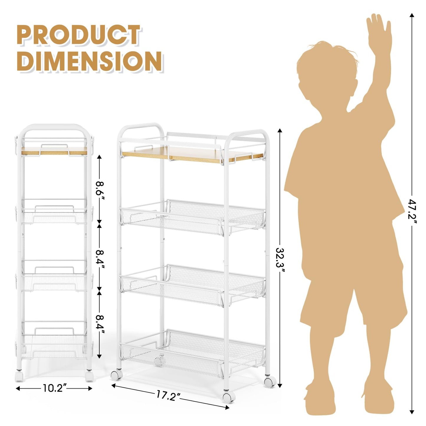 TOOLF 4-Tier Rolling Cart, Metal Utility Cart, Slide Out Storage Cart with Wooden Tabletop and Mesh Baskets, Easy Assemble Trolley for Kitchen Bathroom Laundry Room Bedroom Apartments Dormitory