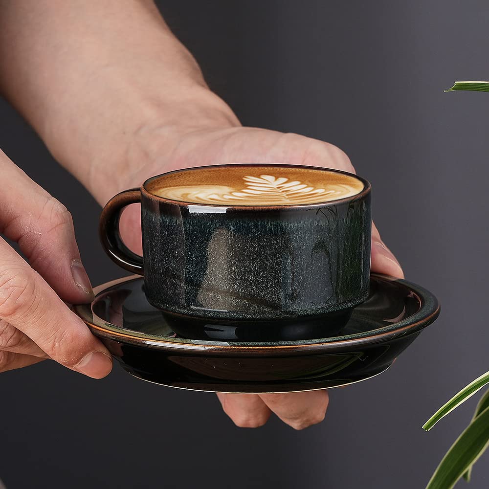 JIEMEI HOME Porcelain Stackable Espresso Cups with Saucers and Metal Stand, 4 Ounce Demitasse Cups for Specialty Coffee Drinks, Latte, Tea Set of 4, Stackable Espresso Mugs, Green & Blue
