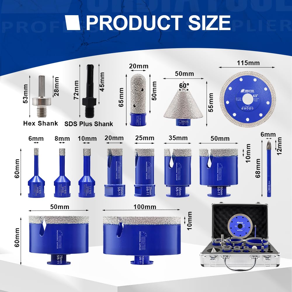 SHDIATOOL Diamond Tile Drill Bits Kit 15pcs, Porcelain Hole Saw Sets, Core Bits Cutter for Drilling Ceramic Marble Granite