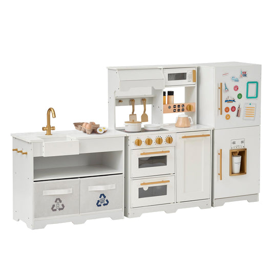 Teamson Kids Little Chef Atlanta Modular Wooden Play Kitchen, 3-Piece Set with Realistic Features & 17 Accessories, White/Gold, Interactive Toy for Toddlers & Kids, Cocina de Juguete