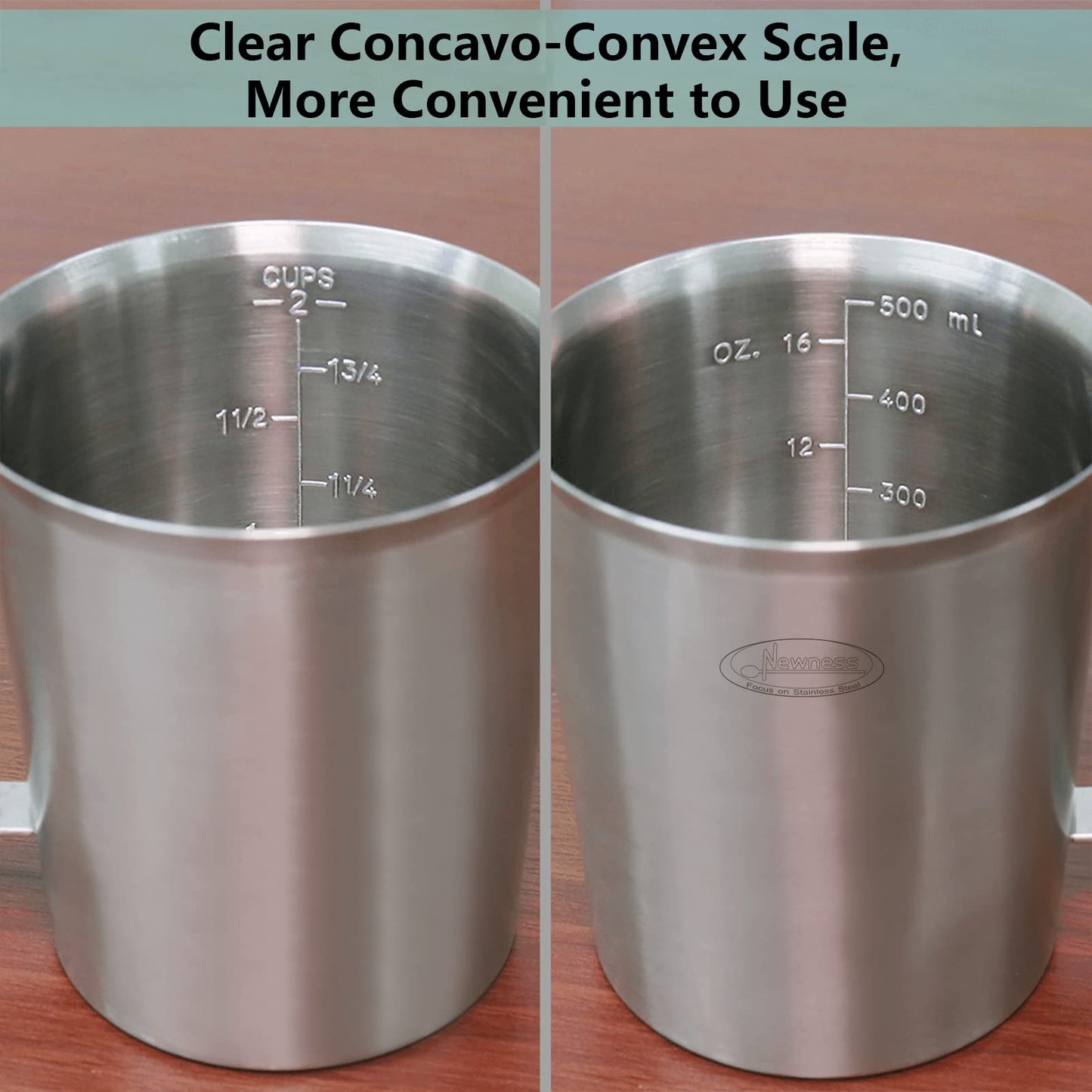 Newness Stainless Steel Measuring Cup, Metal Measuring Cup with Handle (Upgraded, 3 Marking Including Cup/ML/Ounce Scale), 16 Ounces (0.5 Liter, 2 Cup)