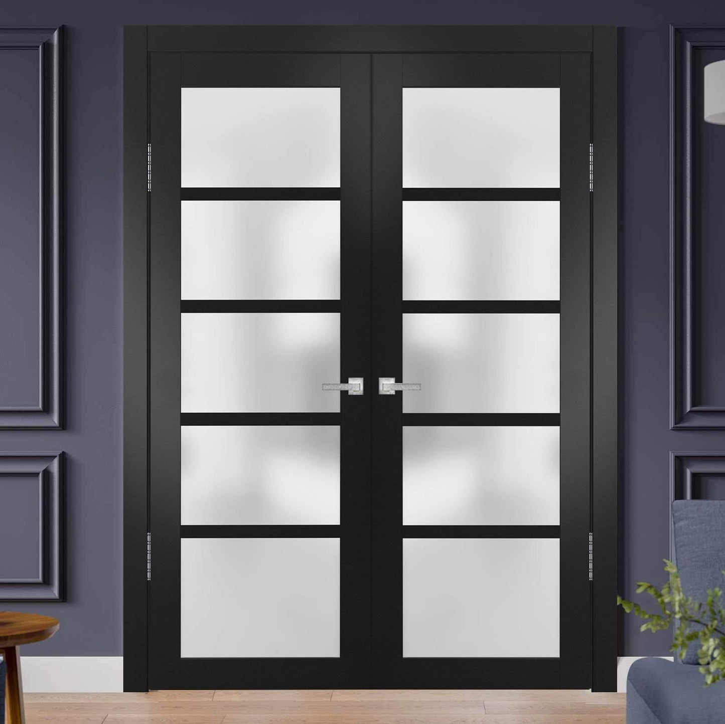 SARTODOORS Quadro 4002 | Double Swing Interior French Doors with Glass with Frosted Glass, MDF, Hardware Included, 60x80, Black, Modern
