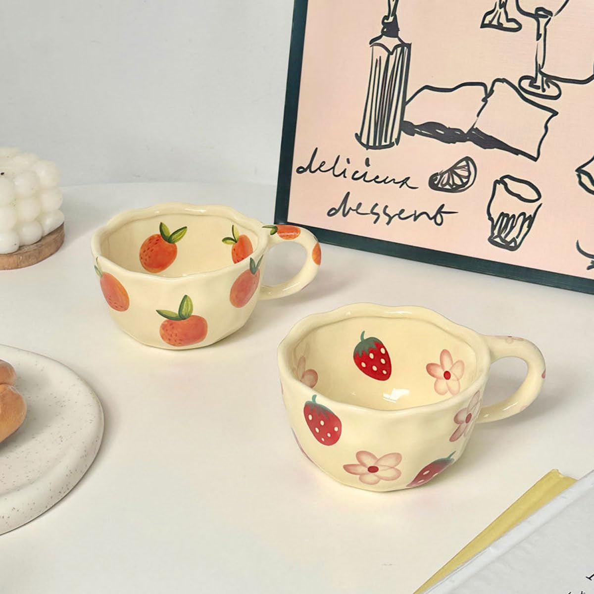 4 pcs Ceramic Coffee Mug 8.5oz Cute Floral Coffee Mug Retro Floral Cup with Handle Spoon Irregular Latte Art Cup Valentine's Day Gift Office Home Dishwasher and Microwave Safe (4-piece set A)