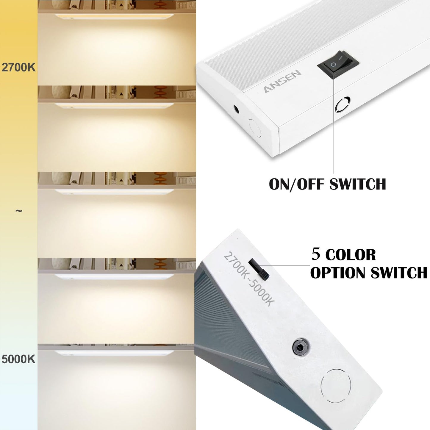 Ansen 4Packs of Under Cabinet Lighting Hardwired, 12IN 10W 666LM, Dimmable Led Light for Kitchen/Bar/Closet, CRI>92, R9>90, 5 Color Temperature, 2700K-5000K(Warm White, Cool White, Daylight)
