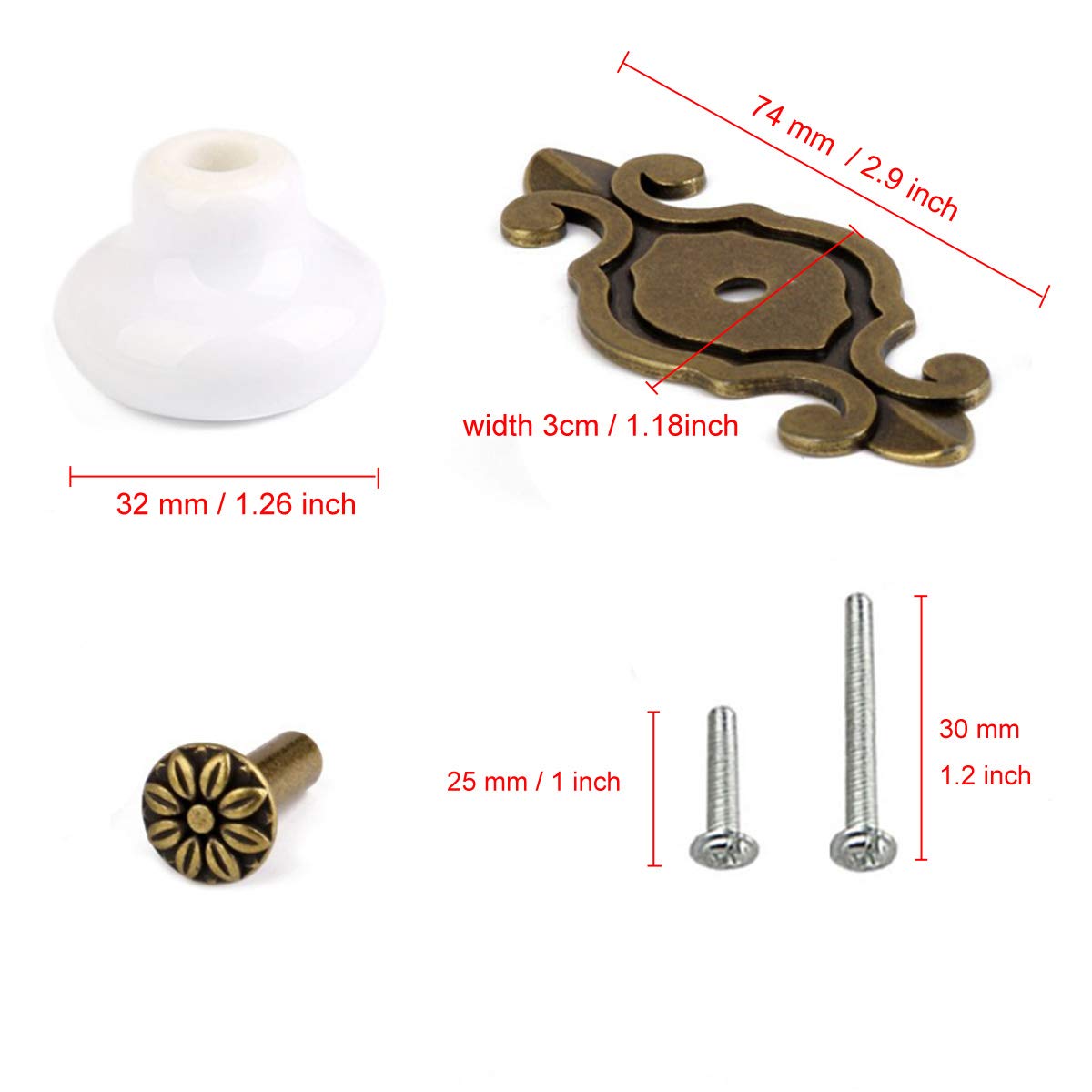 HUAMULAN 10 Pack Retro Ceramic Pulls,Vintage Dresser Kitchen Petal Cabinet Knobs Zinc Alloy Base Back Plate Kid Cupboard Wardrobe Drawer Door Handles,Bronze+Red