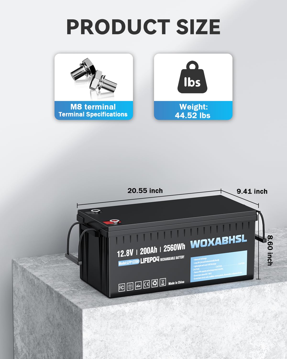 WOXABHSL 12V 200Ah Lithium LiFePO4 Battery, Built-in 200A BMS, 15000+ Deep Cycles, Max 2560W Power Output, FCC&UL Certificates, Perfect for RV, Solar, Marine, Off-Grid, etc. (2PCS)