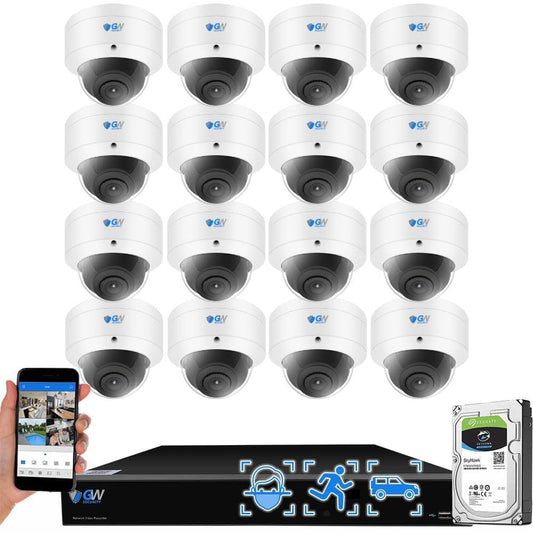 GW Security 16 Channel 12MP NVR UltraHD 4K Face/Human/Vehicle Detection PoE Security Camera System with 16 x 8MP IP Microphone AI Dome Camera, 100ft Night Vision, Outdoor/Indoor Surveillance Camera
