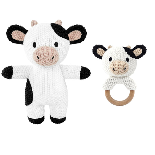 okegztoa 10" Handmade Crochet Cow Stuffed Animal, Baby-Safe Cotton Plush with Rattle, Hypoallergenic Toy for Newborns 0-12 Months, Ideal Baby Shower & 1st Birthday Gift