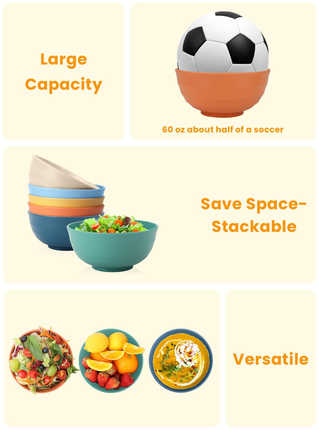 Homienly Unbreakable Large Wheat Straw Bowls 60 OZ Salad Bowls for Kitchen, Party, RV, Lightweight Camping Bowl Set Microwave and Dishwasher Safe Big Popcorn Bowl, Stackable (Multi, 6 PCS)