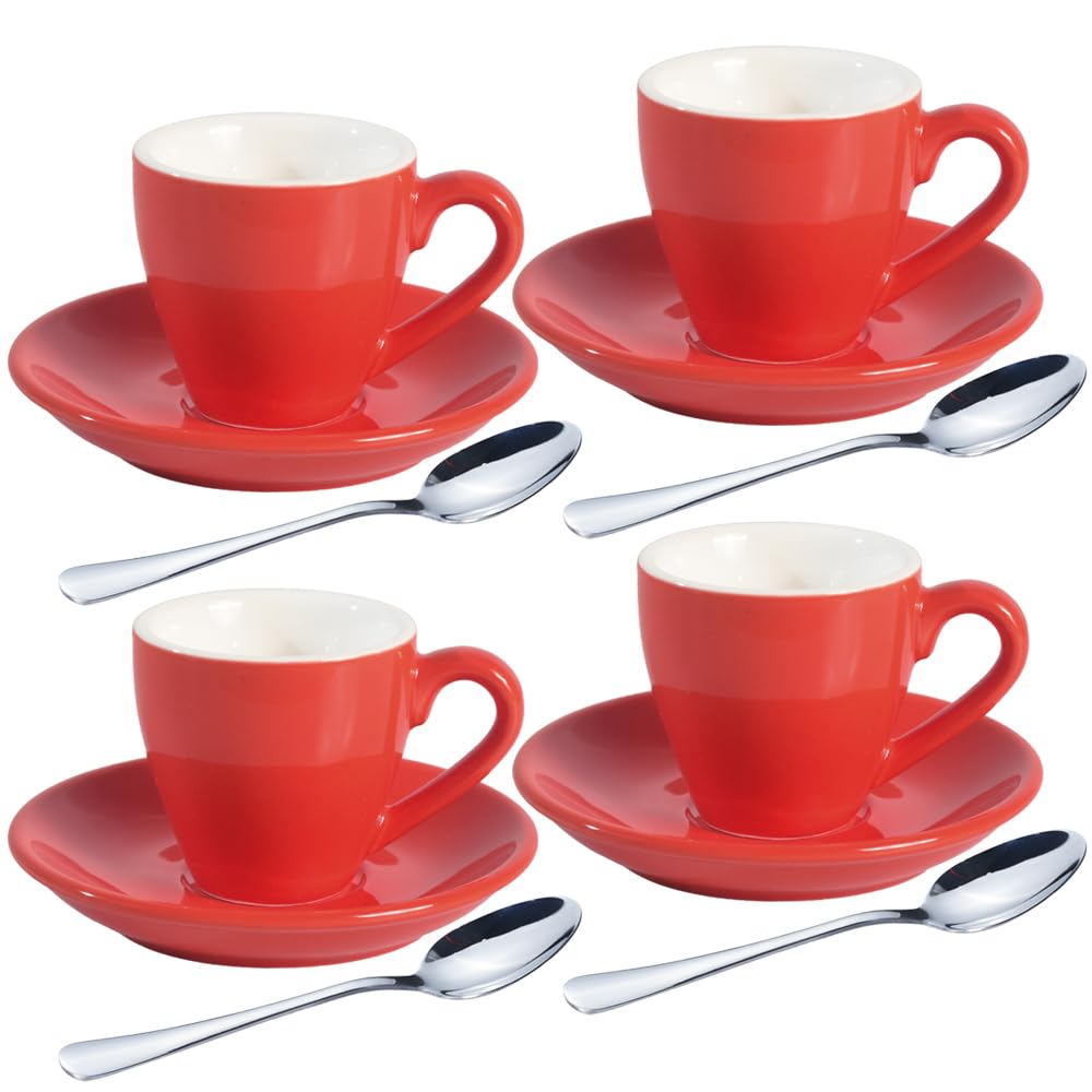 homEdge Porcelain Espresso Shot Cup Set with Saucers and Stainless Steel Spoons - 80 ml / 2.67 oz, Set of 4, Red