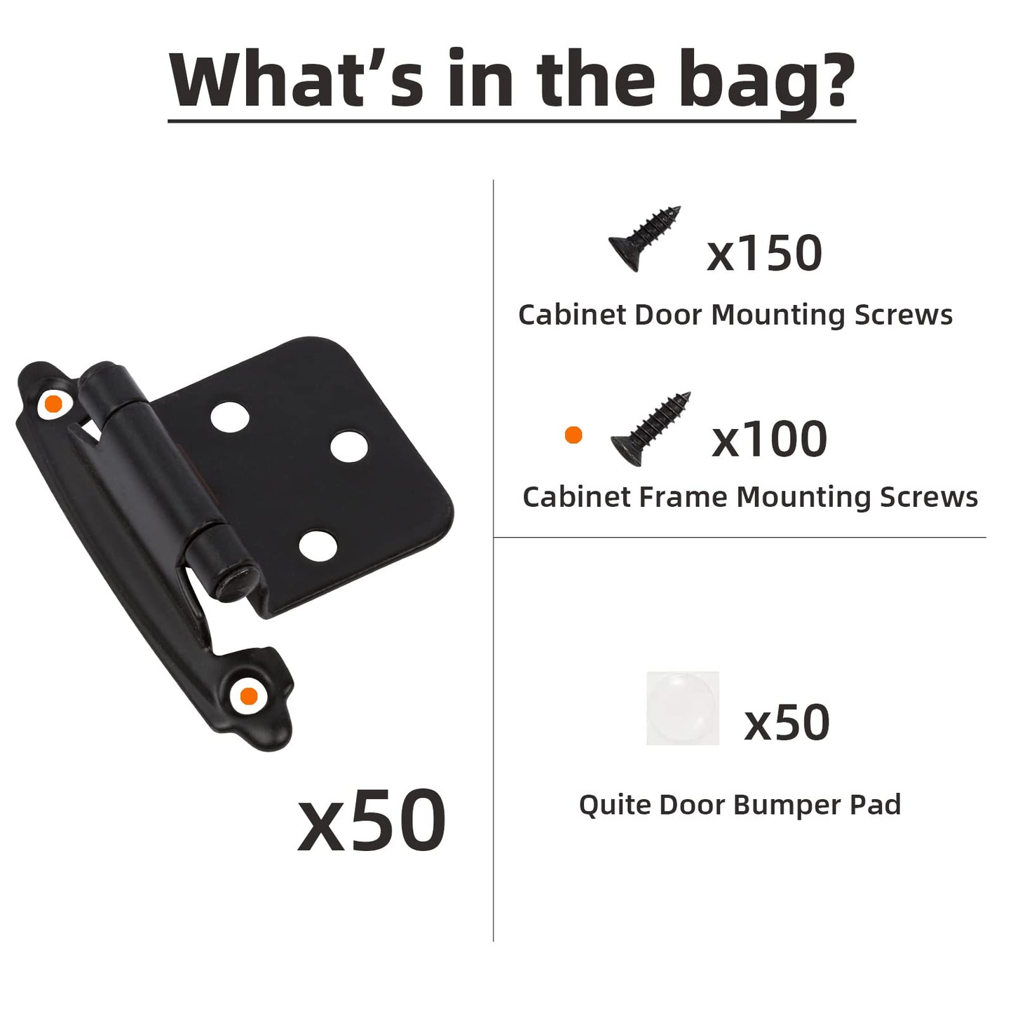 Decobasics 1/2" Overlay Matte Black Cabinet Hinges 50 Pack (25 Pair) Self Closing Bath & Kitchen Cabinet Hinges Black Flush Mount w/Door Bumpers & Upgraded Screws