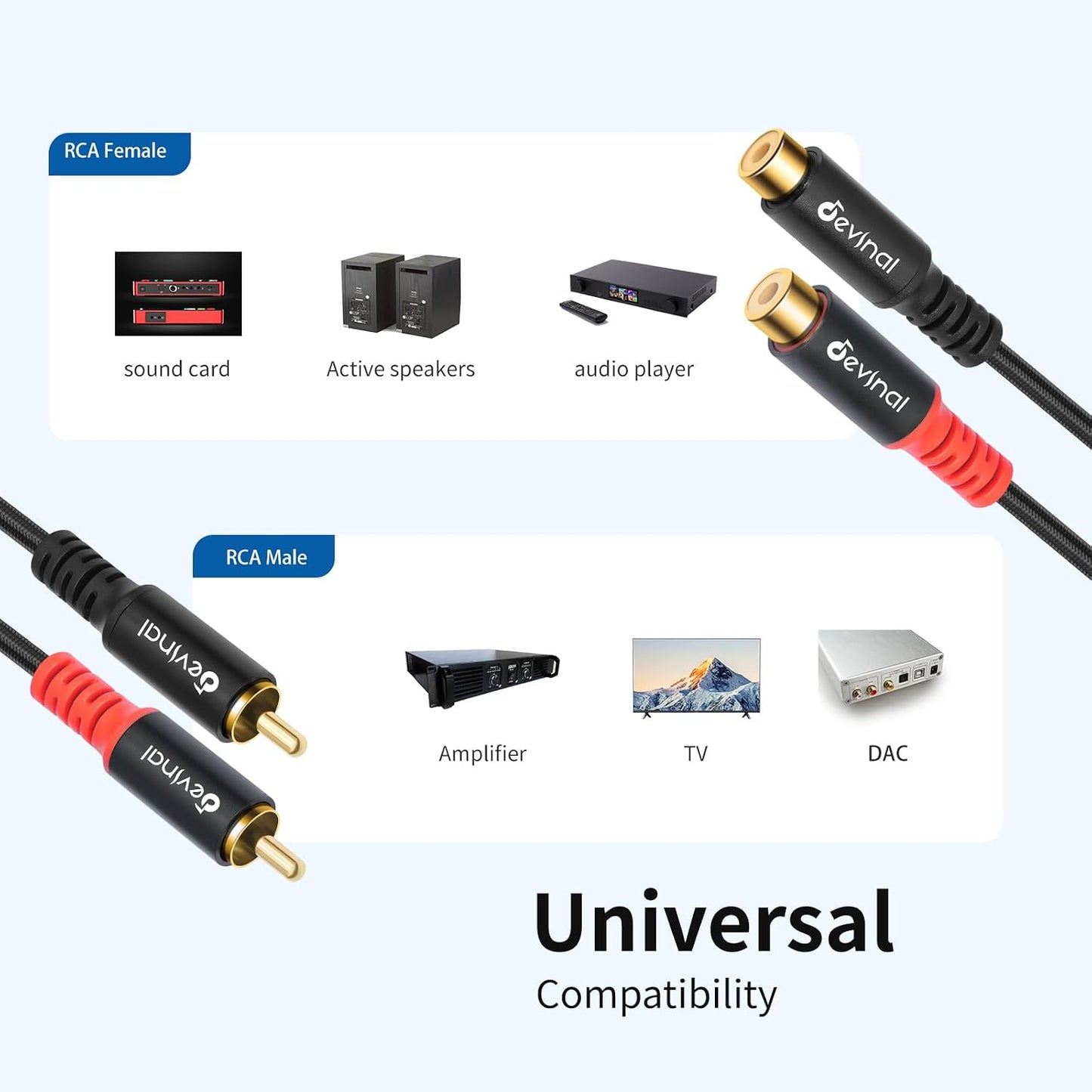 10ft/3m Devinal RCA Female to Male Extension Cable - Premium Audio Extender Cord for High Sound Quality & Durability